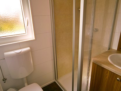 Luxuscamping - TV - Modernes Bad mit Dusche, WC und Waschgelegenheit. - Ostseecamp Seeblick Bungalow Möwe am Ostseecamp Seeblick