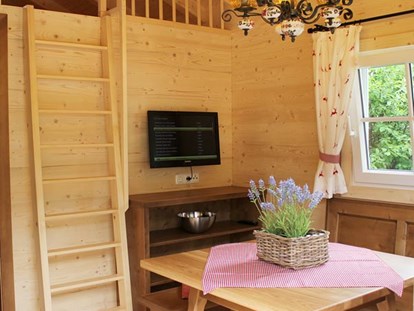 Luxuscamping - Oberösterreich - Ferienhütte "Schafberg": gemütliche Sitzecke mit Fernseher (SAT-Anlage) und Aufgang zur Galerie mit Schlafmöglichkeit - CAMP MondSeeLand Ferienhütten am CAMP MondSeeLand