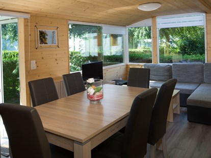 Luxuscamping - Sonnenliegen - Wallis - Wohnzimmer mit Fernsehen - Camping de la Sarvaz Chalets Alpin am Camping de la Sarvaz