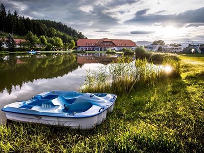Luxuscamping - Österreich - Tretboot fahren am Pirkdorfer See ist kostenfrei für unsere Lakeside Petzen Glamping Gäste. - Lakeside Petzen Glamping Resort Glamping Chalet 43m²  mit großer Terrasse im Lakeside Petzen Glamping