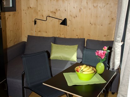 Luxuscamping - Kühlschrank - Region Bodensee - Innenansicht der Minilodges. Die Sitzgruppe kann in ein bequemes Doppelbett umfunktioniert werden. - Camping Park Gohren Minilodges Camping Park Gohren