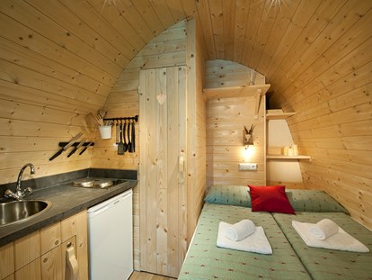 Luxuscamping - Preisniveau: moderat - Tirol - Koch- und Schlafbereich Panorama Wood-Lodge - Nature Resort Natterer See Wood-Lodges am Nature Resort Natterer See