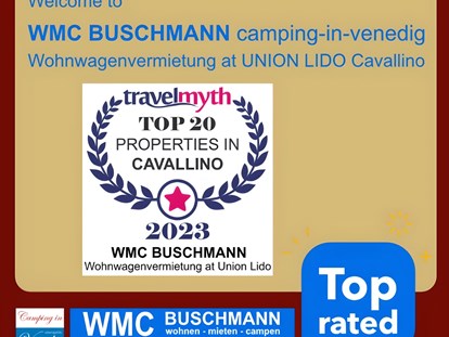 Luxuscamping - Parkplatz bei Unterkunft - Venetien - Auszeichnung Top 20 Porperties - camping-in-venedig.de -WMC BUSCHMANN wohnen-mieten-campen at Union Lido Deluxe Caravan mit Doppelbett / Dusche