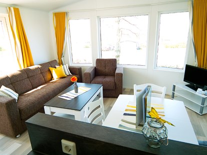Luxuscamping - Dusche - Wohnzimmer mit Sat-TV und gemütlicher Couch - Ostseecamp Seeblick Bungalow Möwe am Ostseecamp Seeblick