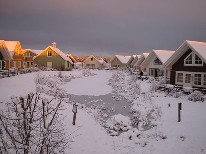 Luxuscamping - getrennte Schlafbereiche - Niedersachsen - Ferienhäuser Sonnenuntergang im Winter - Südsee-Camp Ferienhaus Malmö am Südsee-Camp
