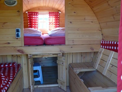 Luxuscamping - Art der Unterkunft: Schlaffass - Mecklenburg-Vorpommern - Viel Stauraum. Die Sitzbänke lassen sich erweitern zu zwei Betten für Kinder bis 140cm. - ostseequelle.camp Campingfässer (Schlafffässer)