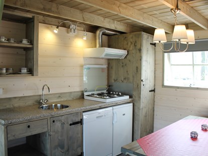 Luxuscamping - Gartenmöbel - Niederlande - Küche mit Kühlschrank und Geschirrspüler - Camping De Kleine Wolf Ferienhütte Hooiberg auf Camping De Kleine Wolf