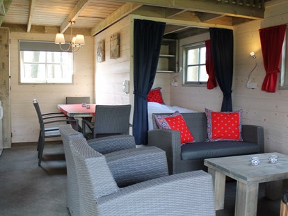 Luxuscamping - Kochmöglichkeit - Twente - Wohnraum mit Küche und Schlafzimmer mit Doppelbett - Camping De Kleine Wolf Ferienhütte Hooiberg auf Camping De Kleine Wolf