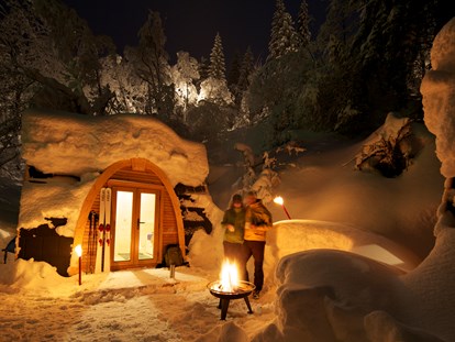 Luxuscamping - Gartenmöbel - Goldingen - PODhouse im Winter - Camping Atzmännig PODhouse - Holziglu klein auf Camping Atzmännig