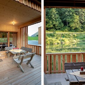 Glamping: Jede unserer Glamping Lodges verfügt über eine eigene kleine Terrasse mit Blick auf unseren Forellenteich. - Urlaub am Bauernhof am Ossiacher See
